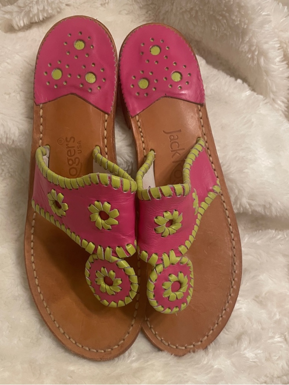 Jack Rogers Jacks Flat Sandals in a vibrant Fuchsia Pink and Lime Green